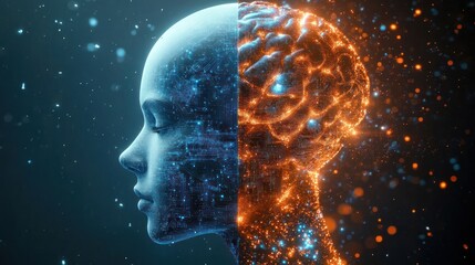 Futuristic digital human head split into two halves showing blue circuit patterns on one side and glowing orange neural-like brain structure on the other, symbolizing technology and cognition