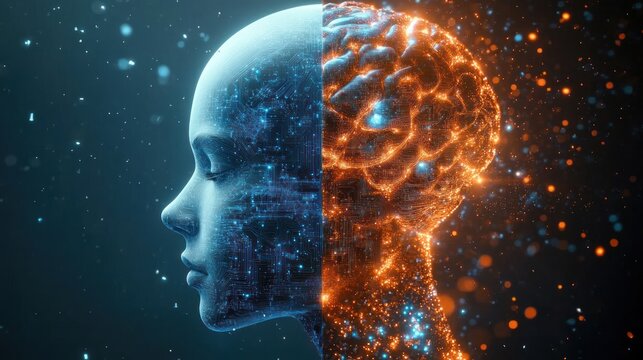 Futuristic digital human head split into two halves showing blue circuit patterns on one side and glowing orange neural-like brain structure on the other, symbolizing technology and cognition