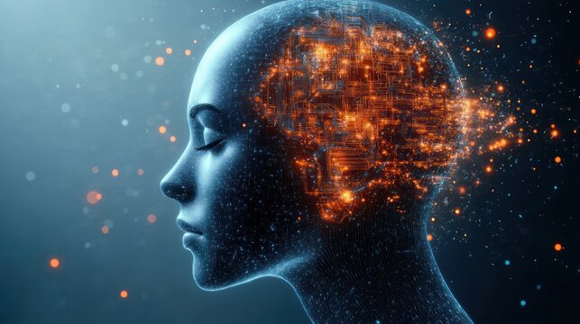 Profile view of a futuristic human head with glowing digital circuits and data particles illuminating the brain area, symbolizing advanced technology and artificial intelligence