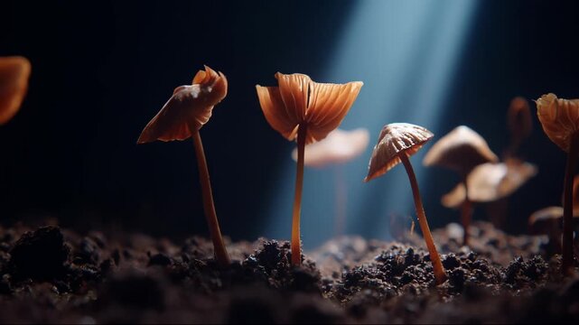 Close medium shot revealing fungi mycelium actively breaking down pollutants in soil highlighting natural remediation processes in action.