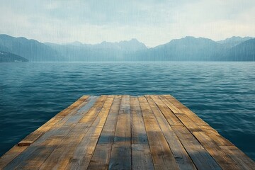 Wooden pier extending into calm blue lake with distant mountain range under clear sky, evoking tranquility and solitude