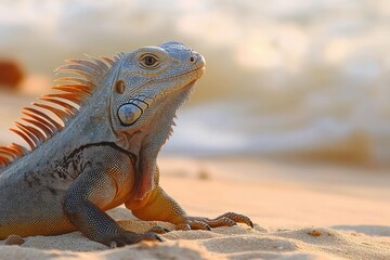 Obraz premium Close-up of a large green iguana resting on sandy ground with a blurred warm-toned background, showcasing its textured skin and spiny crest