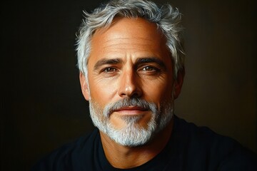 Portrait of a confident middle-aged man with silver hair and beard wearing a dark shirt against a dark background