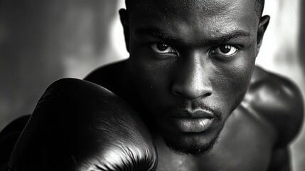 Close-up of a focused male boxer wearing a glove ready to fight with intense and determined expression in black and white