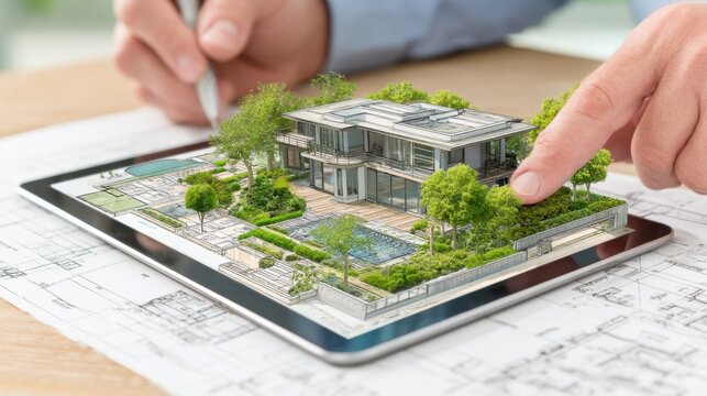 Innovative Architect Uses Tablet to Design Modern House with Sustainable Features and Lush Green Landscaping in a Digital Render