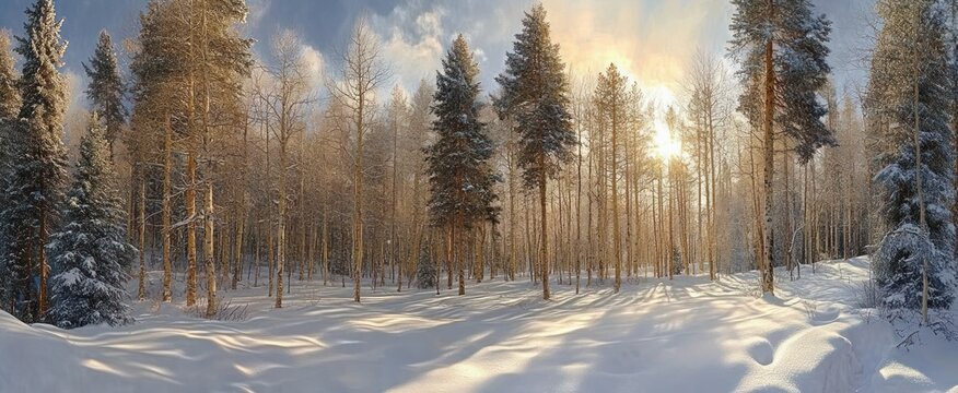 Winter forest landscape with snow-covered ground and tall trees illuminated by soft golden sunlight