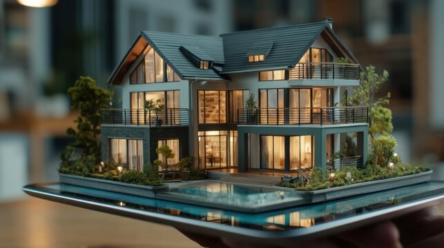 Realistic model of a modern luxury house displayed on a digital tablet, showcasing architectural design and lush landscaping, representing innovation in real estate.