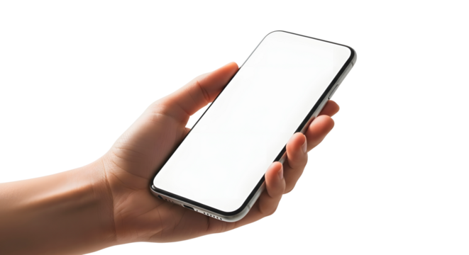 Hand holding a smartphone isolated on transparent background
