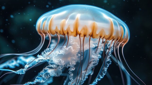 Close-up of a translucent jellyfish with long flowing tentacles drifting in dark blue ocean water