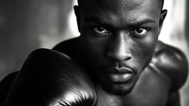 Close-up of a focused male boxer wearing a glove ready to fight with intense and determined expression in black and white - Powered by Adobe