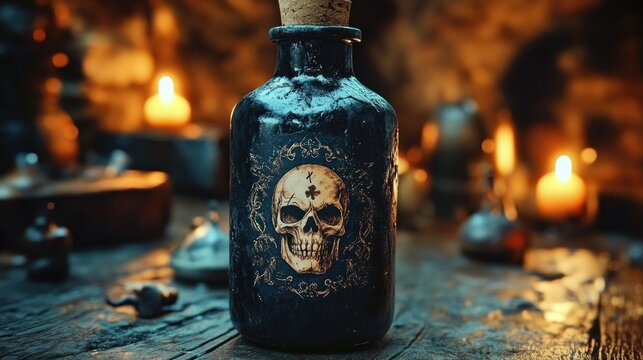 Old dark glass bottle with skull label on wooden table surrounded by glowing candles in a dim rustic setting
