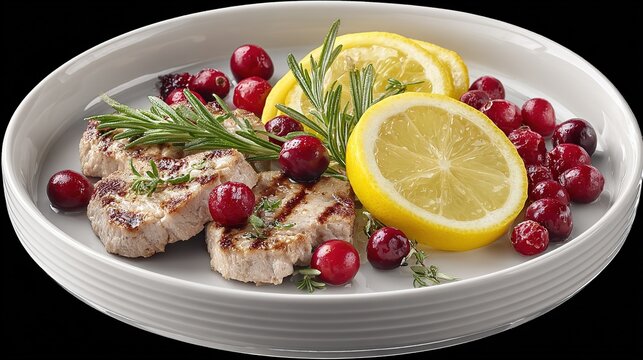 Professional food photography of sliced ham with rosemary, lemon, and cranberries on a white plate, isolated on transparent background as a cutout PNG. Photorealistic meat styling for cookbook publish