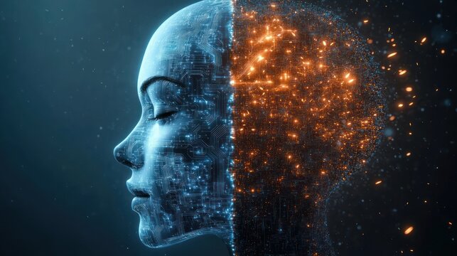 Futuristic human head split in half showing blue digital circuitry on left and glowing orange data particles on right symbolizing artificial intelligence and technology fusion