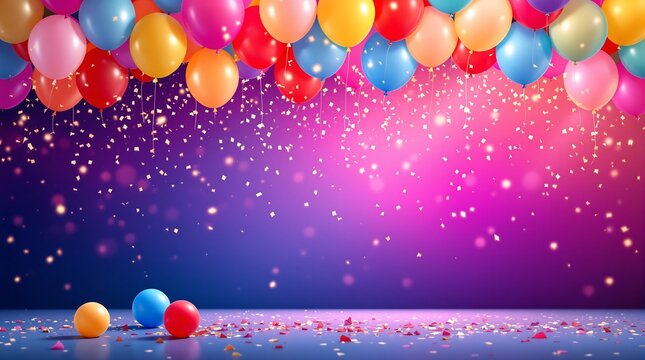 Colorful Balloons and Confetti Against Gradient Backdrop for Celebration