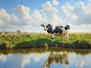 Black and white cow standing on green grassy riverbank under blue sky with fluffy clouds, reflected in calm water