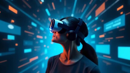 An imaginative portrayal of virtual reality advancements features a person wearing VR goggles, surrounded by interactive digital elements, emphasizing hierarchy of importance and allowing for copy spa