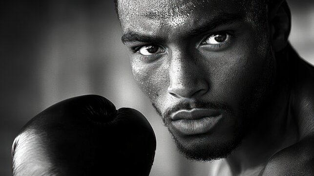 Close-up of determined male boxer wearing a glove and intense facial expression with sweat drops on skin in black and white - Powered by Adobe
