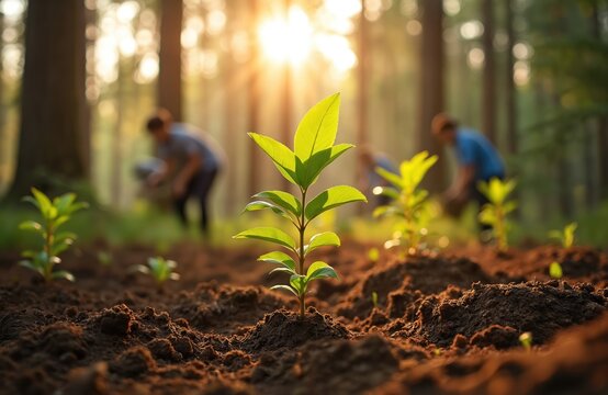 People plant young trees in a sunny forest. Workers restore nature and grow saplings. Earth is being replenished with green life. This scene shows ecological effort and rebirth.