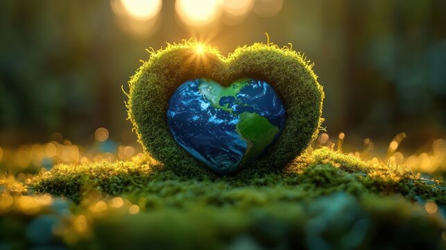 Heart-shaped moss framing a globe with Earth continents at sunrise, symbolizing love and care for the planet in a natural setting - Powered by Adobe