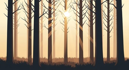 Sunlight filtering through bare trees in a misty forest at dawn.