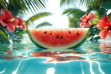 A vibrant slice of watermelon floating on sparkling blue water surrounded by lush green tropical leaves and bright red hibiscus flowers under natural sunlight
