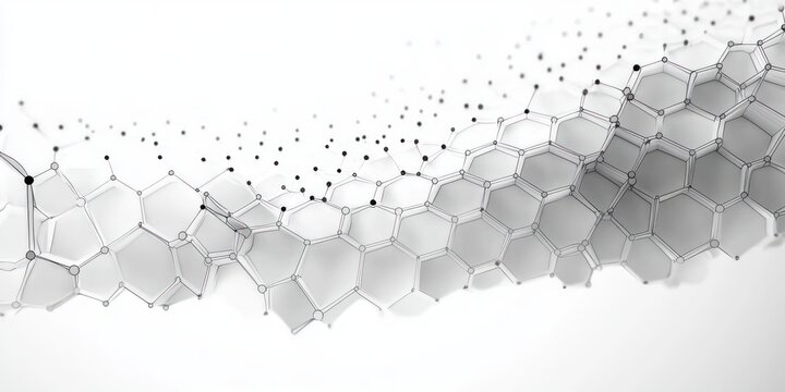 Abstract wave composed of interconnected hexagonal and pentagonal shapes with black connecting nodes on a clean white background