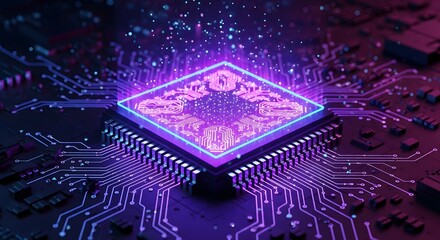Closeup of a glowing purple computer processor chip with intricate circuits