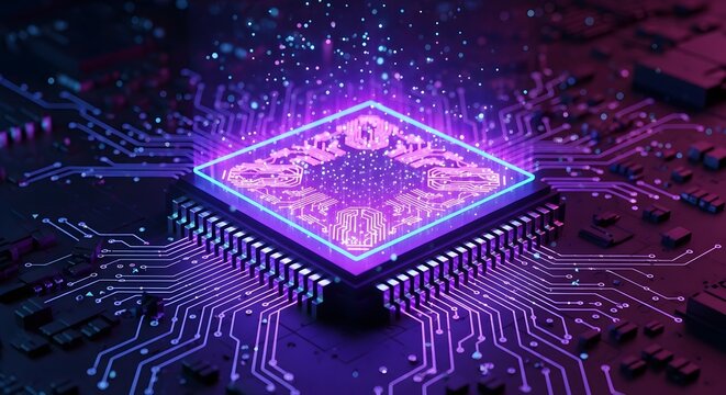 Closeup of a glowing purple computer processor chip with intricate circuits