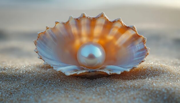 Close-up of a single shiny pearl resting inside an open seashell on a sandy beach during soft natural light - Powered by Adobe