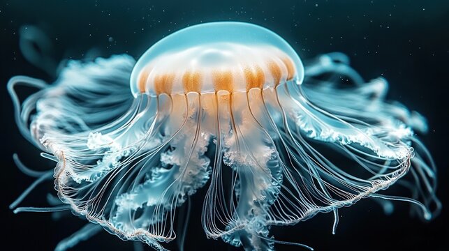 Close-up of a translucent jellyfish with long flowing tentacles suspended gracefully in dark ocean water