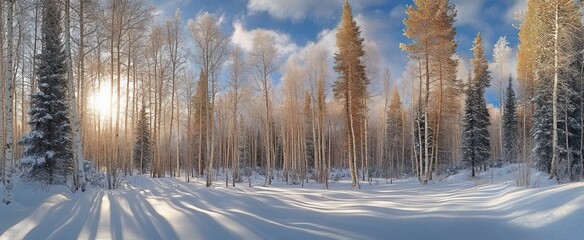 Winter forest scene with tall trees casting long shadows over fresh snow under a bright blue sky with soft sunlight shining through