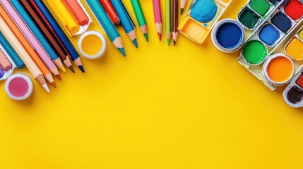 Colorful assortment of art supplies including colored pencils, paint tubes, watercolor paints, and paint jars arranged neatly on a bright yellow background creating a vibrant and creative atmosphere