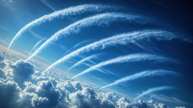 Blue sky with soft curved white contrails forming arcs above fluffy white clouds creating a harmonious and peaceful scene