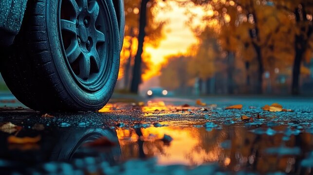 Close-up of a wet car tire near a reflective puddle on a rainy road at sunset with autumn trees in the background - Powered by Adobe