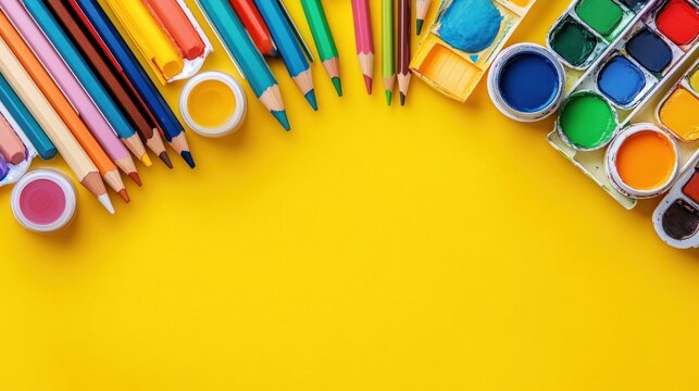 Colorful assortment of art supplies including colored pencils, paint tubes, watercolor paints, and paint jars arranged neatly on a bright yellow background creating a vibrant and creative atmosphere