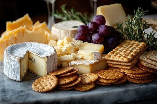 Assorted cheese platter with sliced rounds and wedges of various cheeses, round and square crackers, a bunch of purple grapes, and sprigs of fresh rosemary on a marble surface - Powered by Adobe