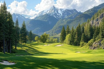 Sunlit green golf course fairway surrounded by tall pine trees with snow-capped mountain peaks and bright cloudy sky in background