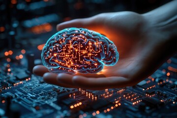 A glowing digital brain with circuit patterns hovering above an outstretched hand over a dark illuminated circuit board, symbolizing technology and artificial intelligence