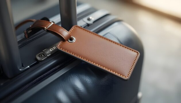 Stylish brown leather luggage tag on modern suitcase ready for adventure travel or business trip, promising secure and organized travel experiences