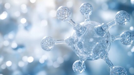 Close-up view of a translucent molecular structure with multiple spheres connected by rods, representing a scientific or technological concept in a bright, blurred background
