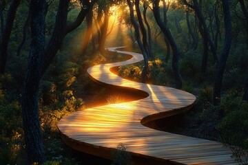 Curved wooden boardwalk winding through a dense forest with sunlight streaming through trees casting warm golden light on the path