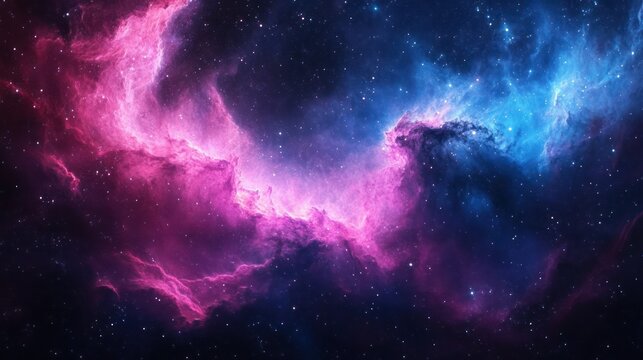 Vivid cosmic nebula glowing in vibrant pink and blue hues with scattered stars against the dark space background evoking a sense of wonder and vastness
