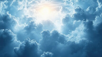 Bright sun shining through thick, fluffy clouds in a vibrant blue sky creating a serene and uplifting atmosphere