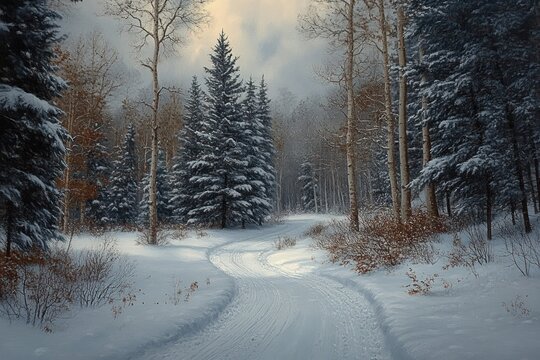 Fototapeta Snow-covered winding path through a winter forest with tall pine and leafless trees under a cloudy sky, evoking calm and quiet atmosphere