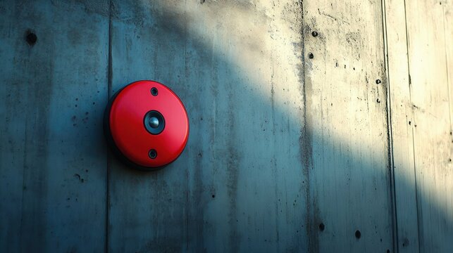 Red circular security camera mounted on a textured concrete wall with sunlight casting shadows