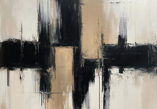 Abstract painting with bold vertical and horizontal black and beige brushstrokes on a textured off-white background evoking a modern and dynamic emotion