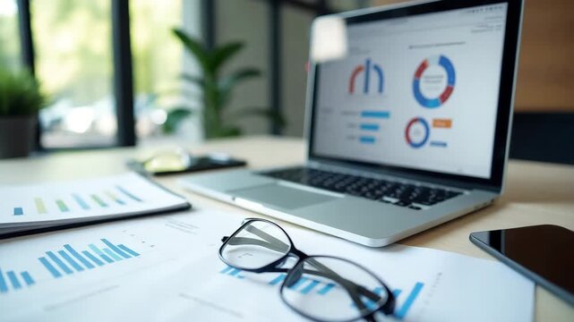 A modern workspace featuring a sleek laptop and data analysis charts. A clean, minimalistic design showcasing copy space for business text, emphasizing data preparation. - Powered by Adobe