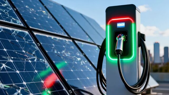 Medium shot focusing on a fast solar EV charging setup with vibrant LED indicators and clear solar panel arrays