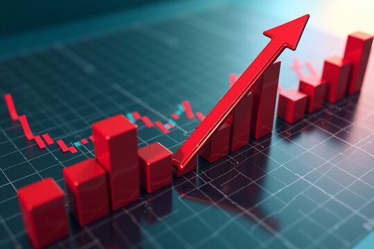 A vibrant red upward-trending arrow and bar graph on a teal grid background, symbolizing growth, success, or positive financial performance.