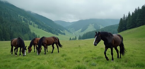 Obraz premium Horses graze on rich green mountain meadow under cloudy sky. Herd peacefully wanders through rolling hills dotted with trees, creating serene natural landscape. One horse stands alert, observing